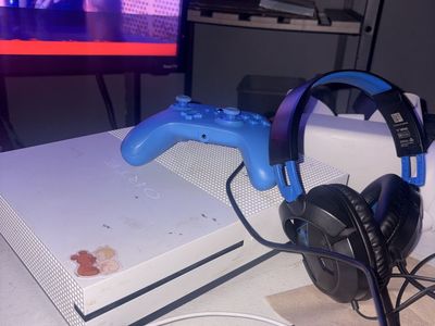 Xbox One S Console with Blue Controller and Headset
