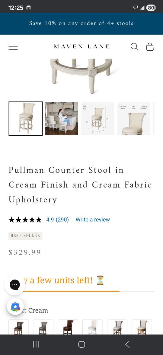 Maven Lane Pullman Counter Stool in Cream Finish a