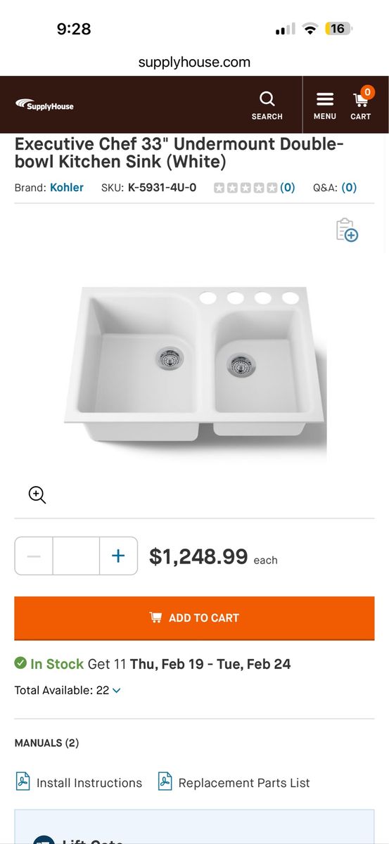 Kohler Executive Chef 33" Undermount Double-Bowl Kitchen Sink White