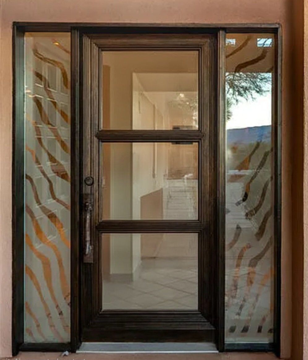 8 foot 
Solid wood front door and door jam with sidelights
