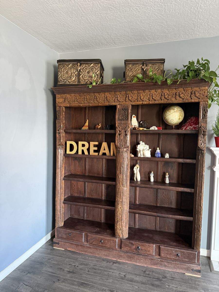 Vintage Hand-Carved Wooden Bookshelf with Lower Drawers