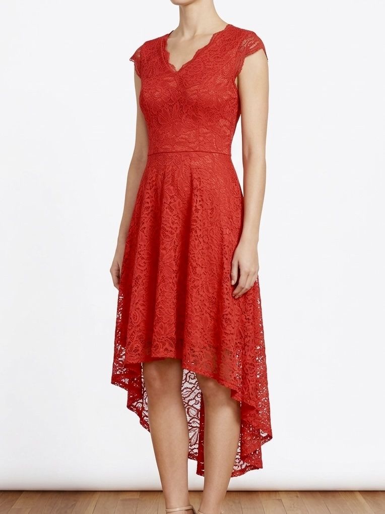 Red Lace High-Low Dress - V-Neck Cap Sleeve Formal Attire with Back Zipper, Size Small