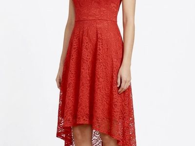 Red Lace High-Low Dress - V-Neck Cap Sleeve Formal Attire with Back Zipper, Size Small