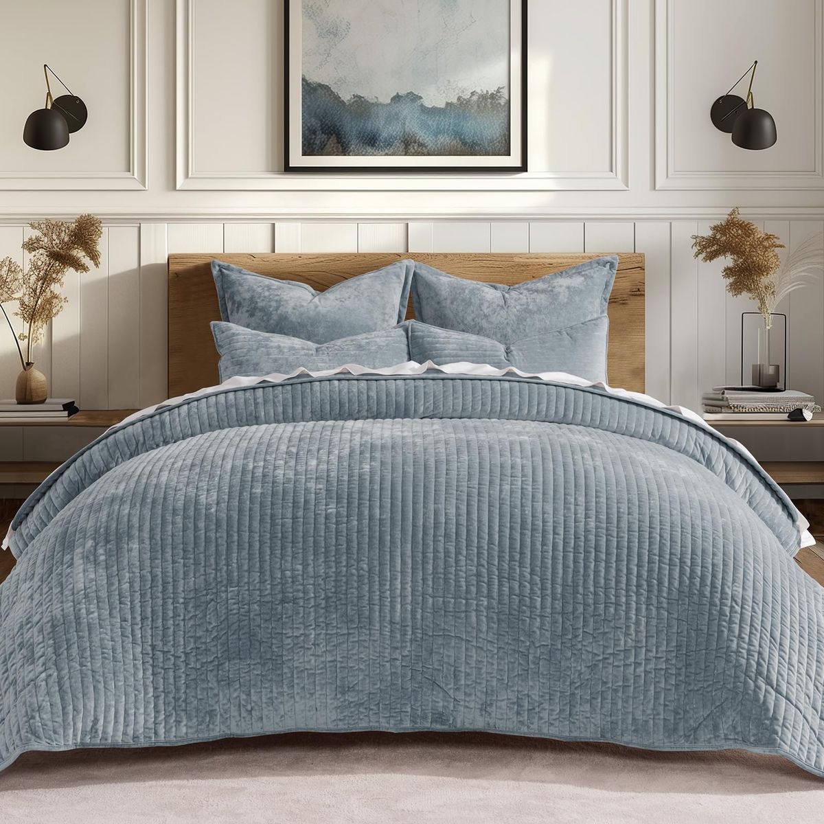 Ultra Plush Velvet Quilt Bedding Set (Blue/Gray)