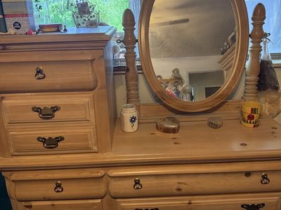 Solid Pine Queen Bedroom Set - Queen Bed Frame, Foot Stool, Dresser with Mirror, Wardrobe, Dresser, Nightstand