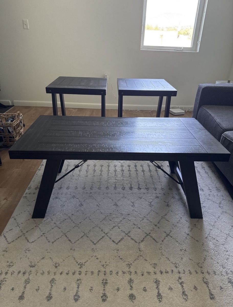 Dark Wood Coffee Table & 2 End Tables Set - Modern Farmhouse Style