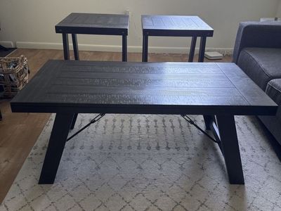 Dark Wood Coffee Table & 2 End Tables Set - Modern Farmhouse Style