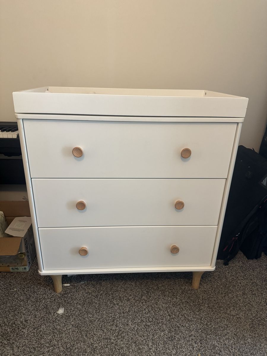 White 3-Drawer Nursery Dresser with Changing Table Topper and Wood Knobs