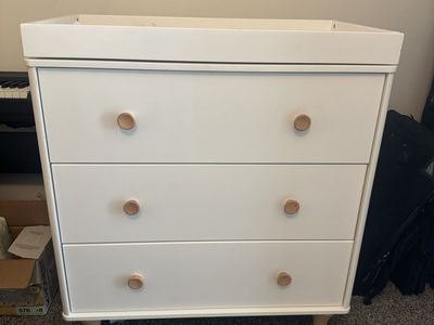 White 3-Drawer Nursery Dresser with Changing Table Topper and Wood Knobs