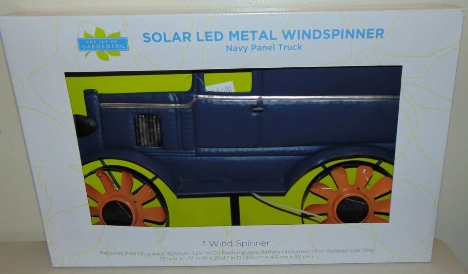 Joy of Gardening Metal Windspinner Solar LED Lights Navy Panel Truck Brand New