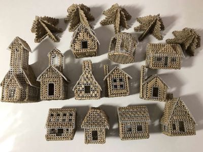 Christmas Village Tree Ornaments Handmade with Plastic Canvas and Raffia, New or