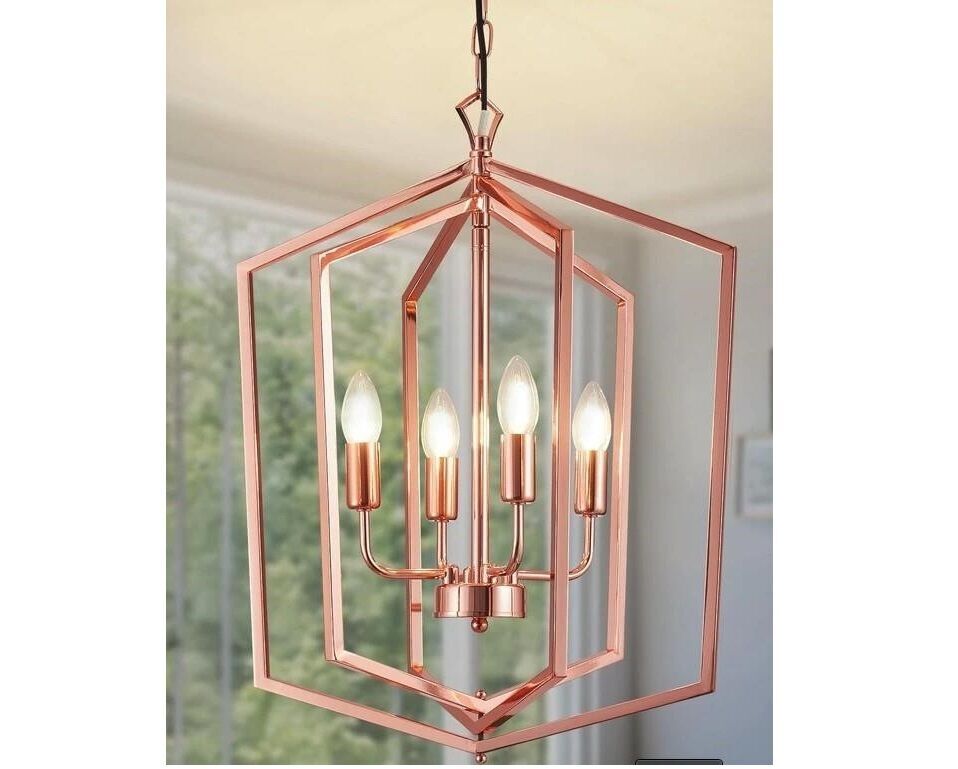 18.1" Modern Chandelier, 4-Light Geometric Ceiling Pendant Light Fixture, Rose Gold