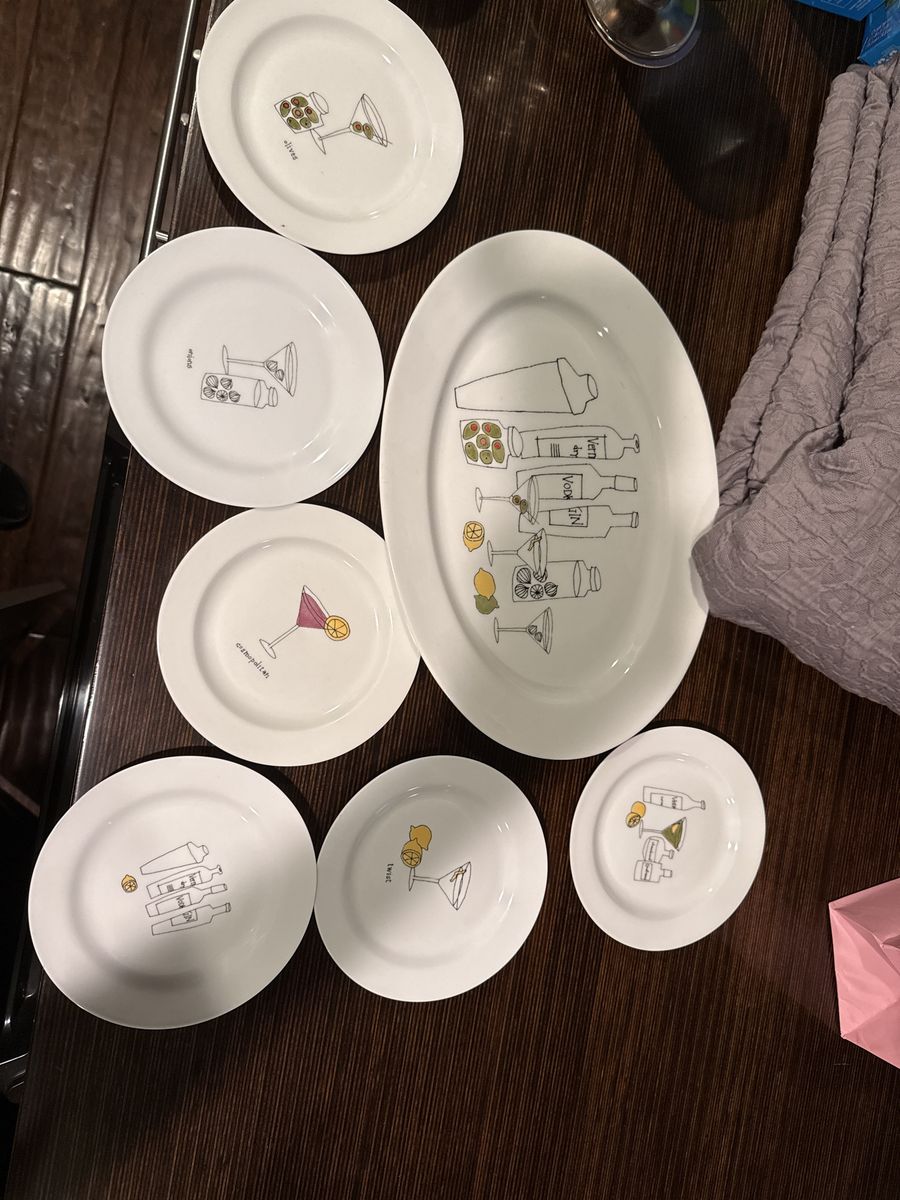 Martini & Cocktail Appetizer Plates & Platter Set - 6 Small Plates, 1 Serving Platter