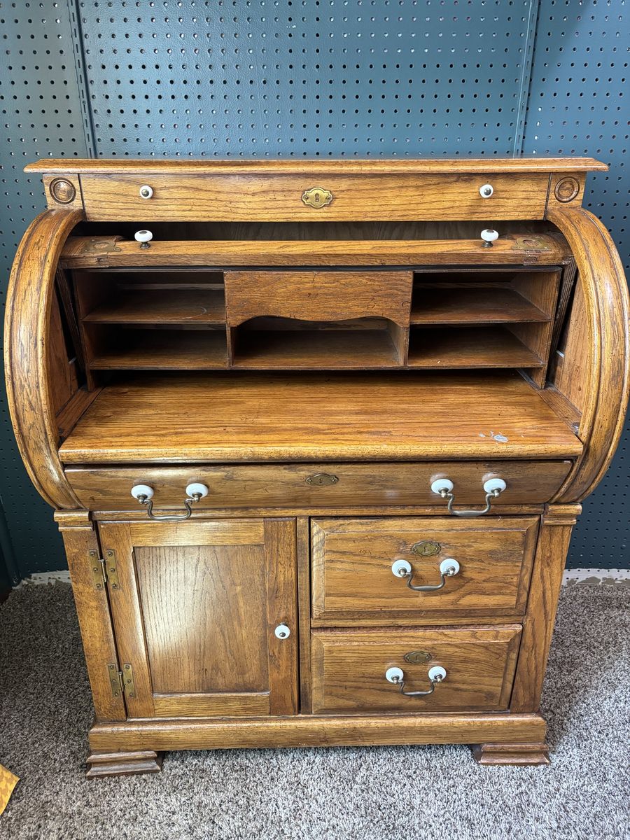 Vintage Oak Roll-Top Desk Secretary with Storage Drawers & Cabinet