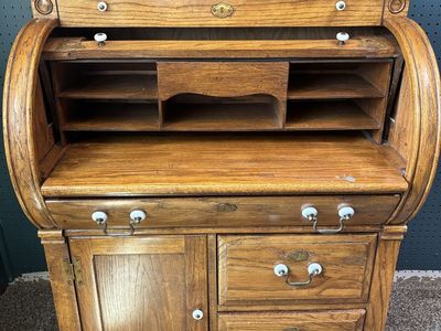 Vintage Oak Roll-Top Desk Secretary with Storage Drawers & Cabinet