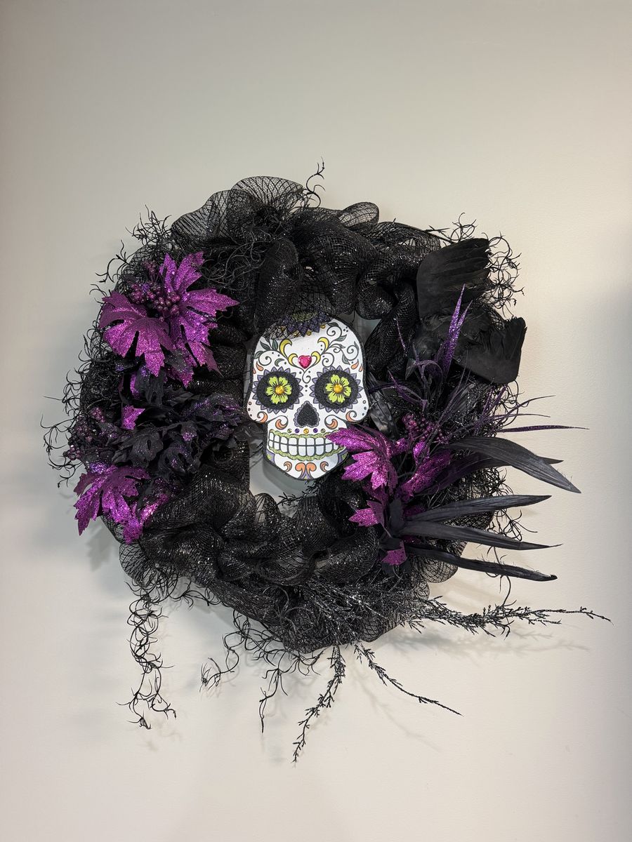 Halloween Day of the Dead Sugar Skull Mesh Wreath - Black & Purple