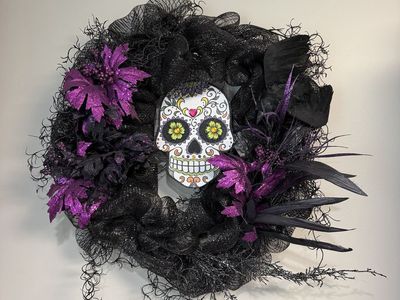 Halloween Day of the Dead Sugar Skull Mesh Wreath - Black & Purple
