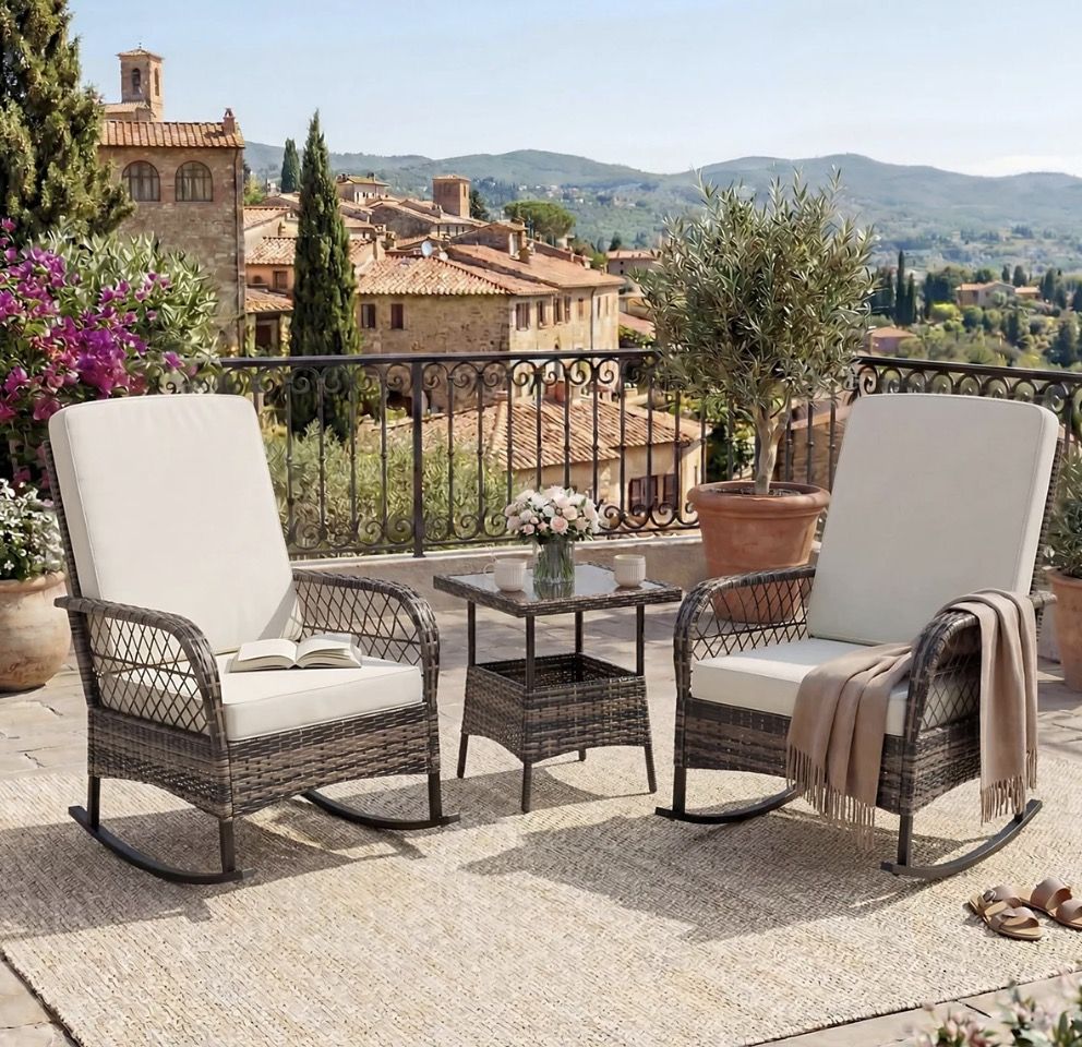 NEW 3-Piece Patio Furniture Set 2 Rocking Chairs and Glass Table, Outdoor Wicker Seating Beige 