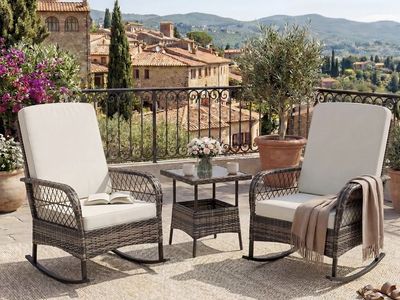 NEW 3-Piece Patio Furniture Set 2 Rocking Chairs and Glass Table, Outdoor Wicker Seating Beige