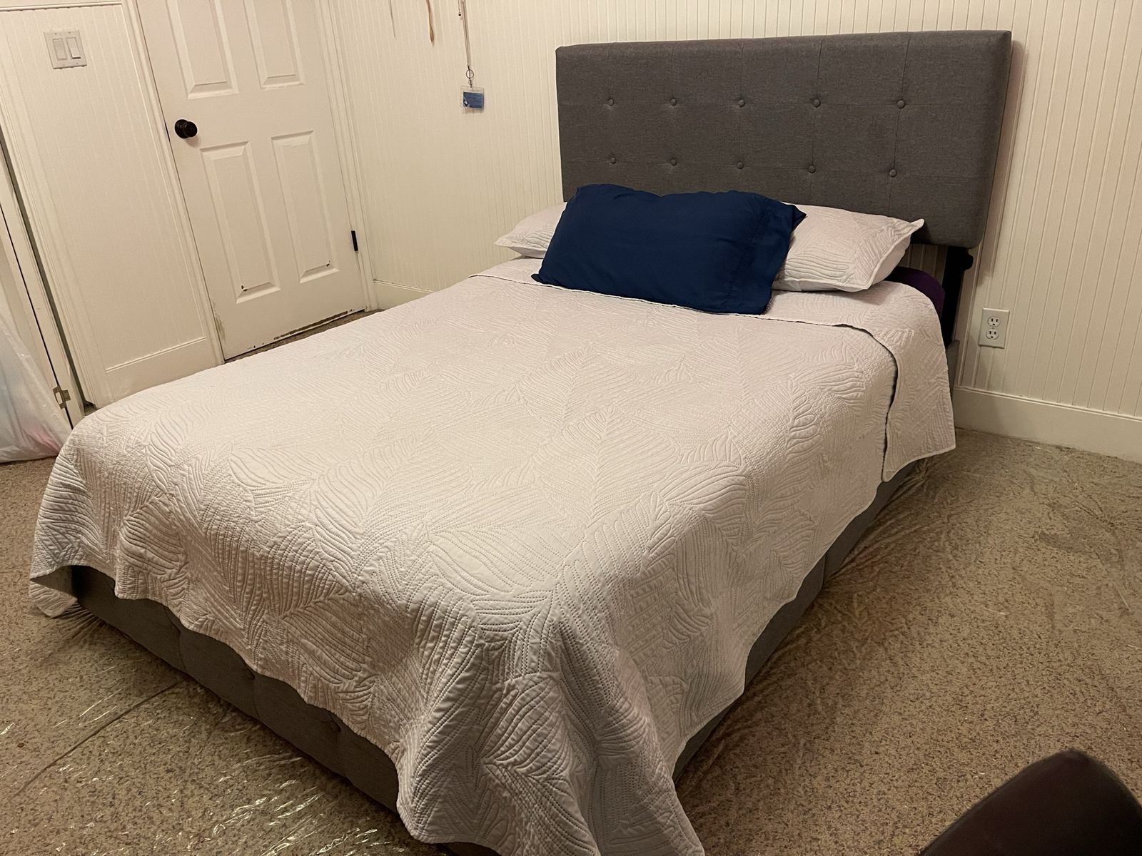 Full-size platform bed frame, mattress, and bedding
