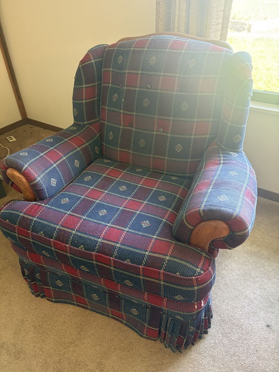FREE Plaid/Blue Upholstered Sofa and Armchair Set - Traditional Style