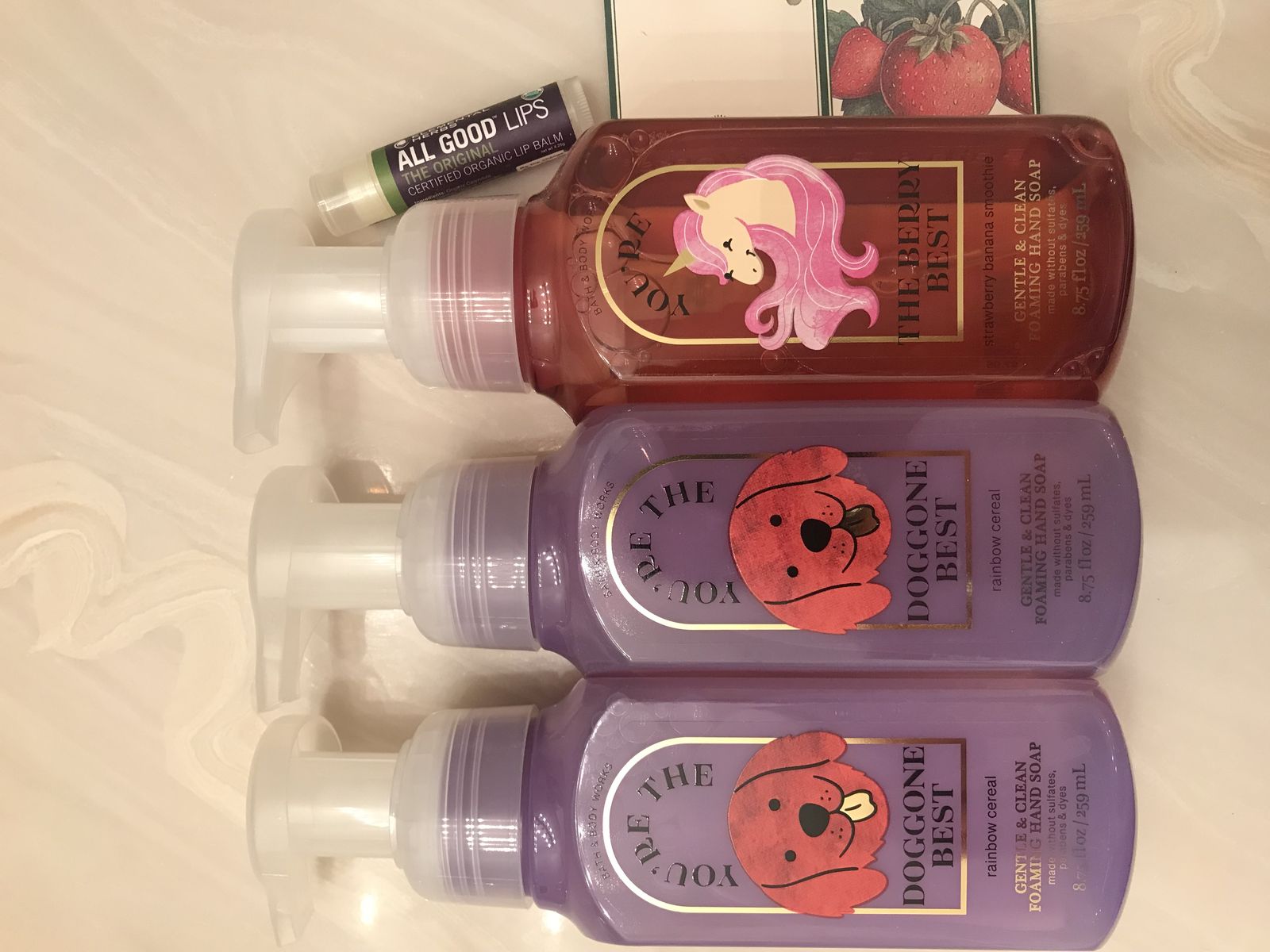 5 Bath & Body Works Foaming Hand Soap You're the Doggone Best Berry Organic All Good Lips lip balm gift tag