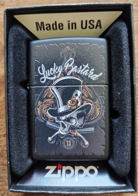 Zippo "Lucky Bastard" Skull & Top Hat Black Matte Lighter, New in Box, Made in USA