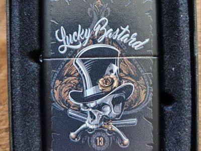 Zippo "Lucky Bastard" Skull & Top Hat Black Matte Lighter, New in Box, Made in USA
