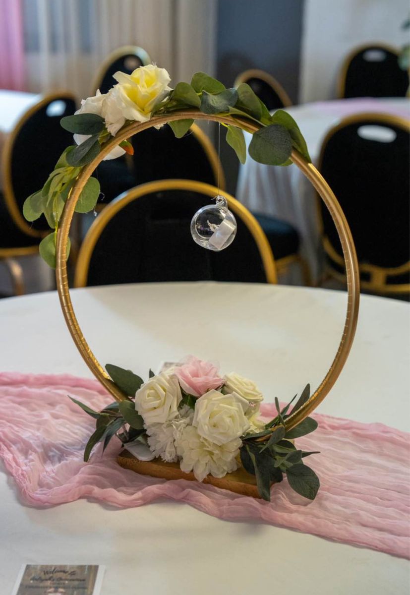 Gold Hoop Floral Table Centerpiece with Base & Hanging Glass Orb