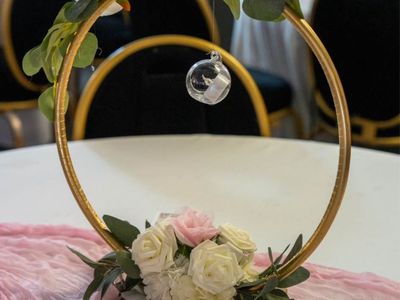 Gold Hoop Floral Table Centerpiece with Base & Hanging Glass Orb