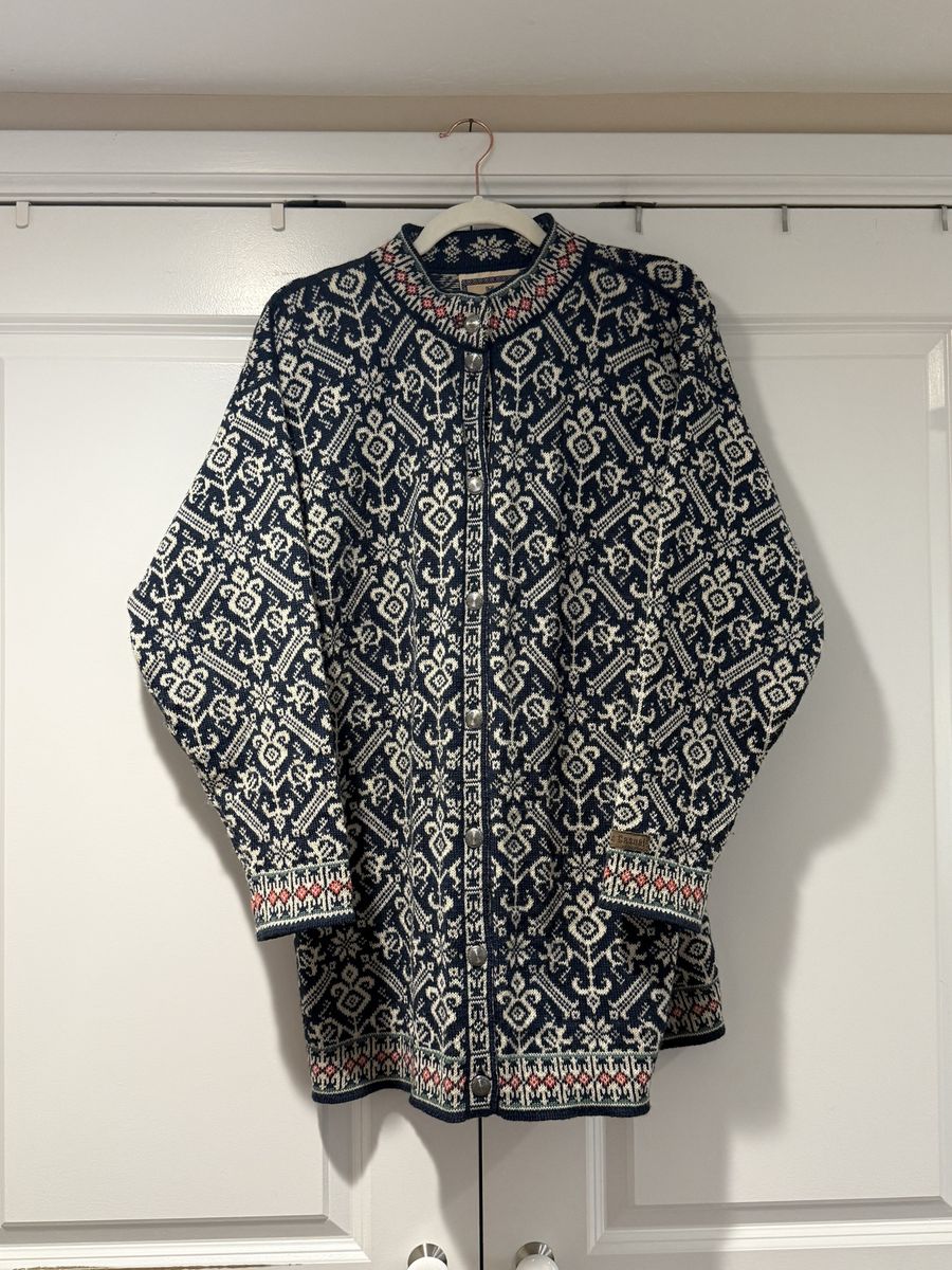 Dale of Norway Norwegian Folk Pattern Wool Knitted Cardigan Sweater, Blue/White/Red, Size Large