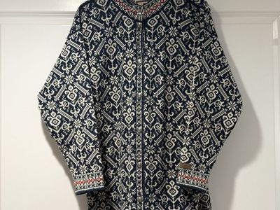 Dale of Norway Norwegian Folk Pattern Wool Knitted Cardigan Sweater, Blue/White/Red, Size Large