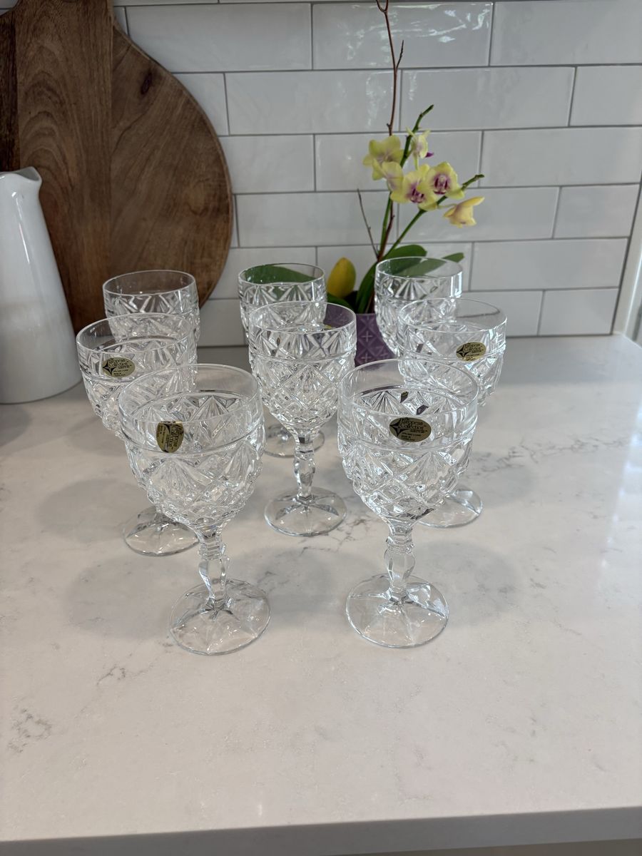 Set of 8 Vintage Krosno Poland Cut Crystal Wine Goblets - Diamond Pattern Stemware