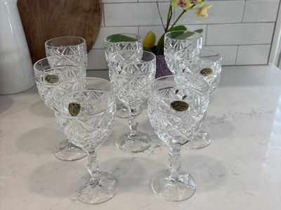 Set of 8 Vintage Krosno Poland Cut Crystal Wine Goblets - Diamond Pattern Stemware