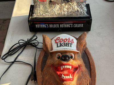 1987 Coors Light Beer Wolf 3D Wall Plaque & Coors Arctic Ice Lighted Bar Sign, Great for a Mancave, Bar or Shop