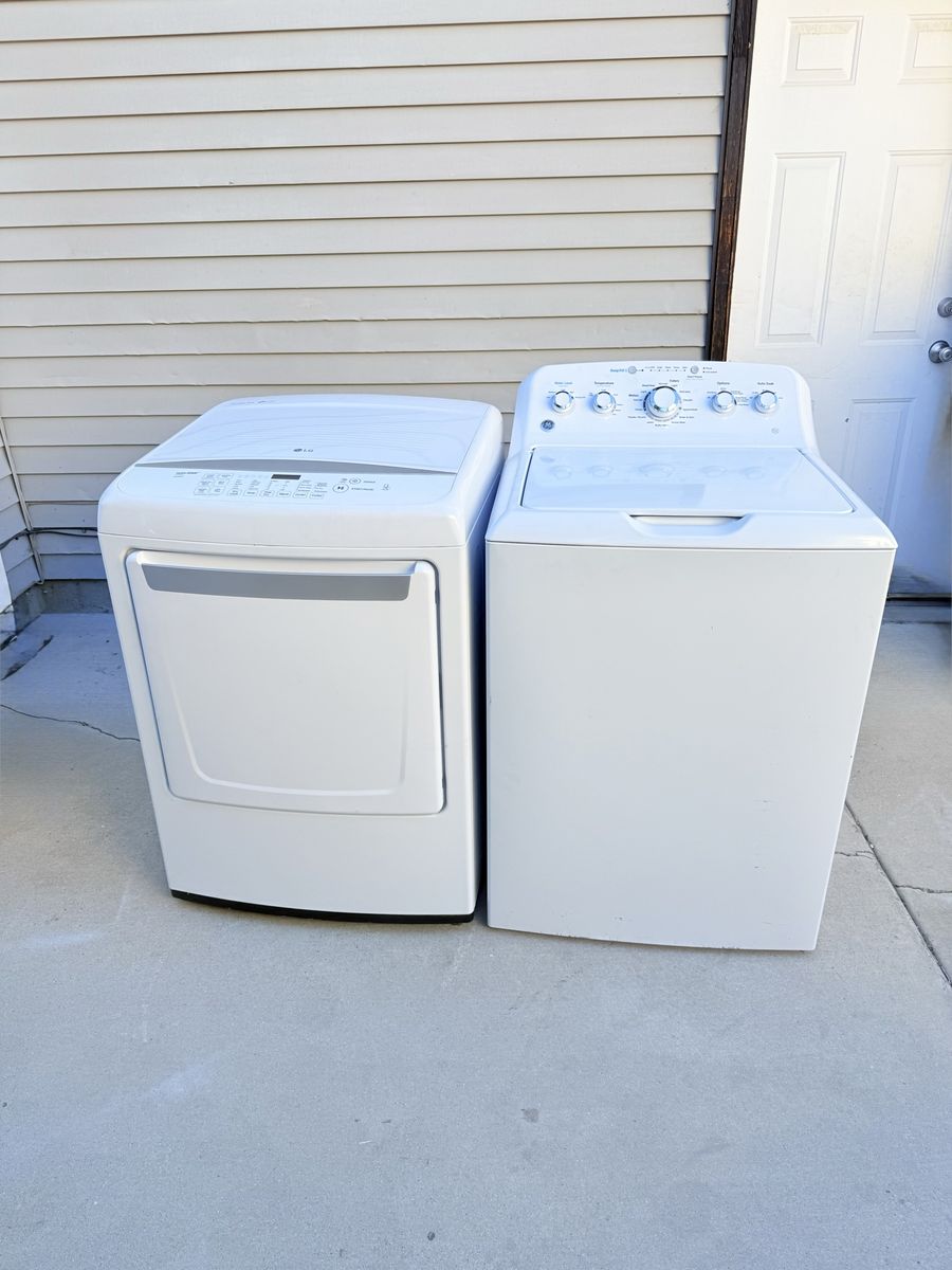 LG HydroShield Dryer & GE Top Load Washer Set - White