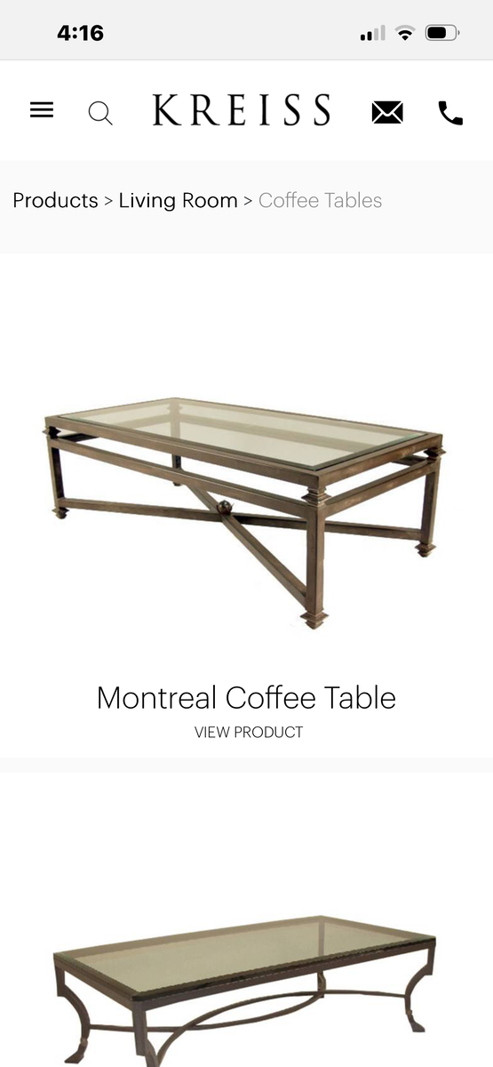 Beautiful, mid-century modern Kreiss Luxury Furniture iron coffee table with glass top