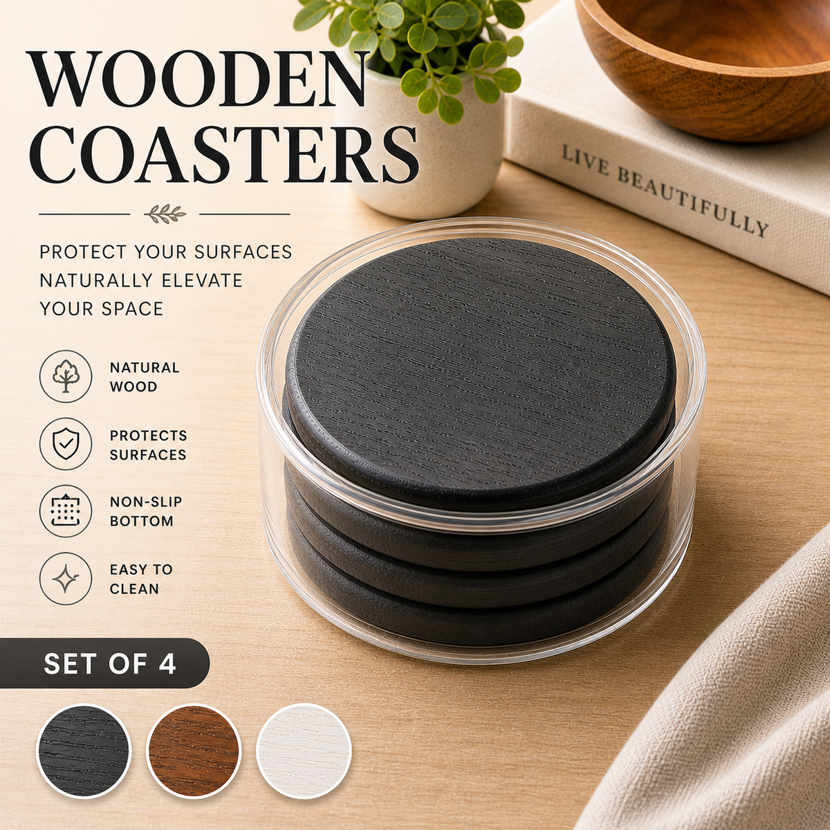 Wood Coasters Set of 4 – Thick & Non Slip