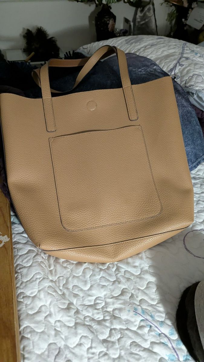 Rosetta Tan Faux Leather Reversible Tote Bag with Inner Pouch and Front Pocket