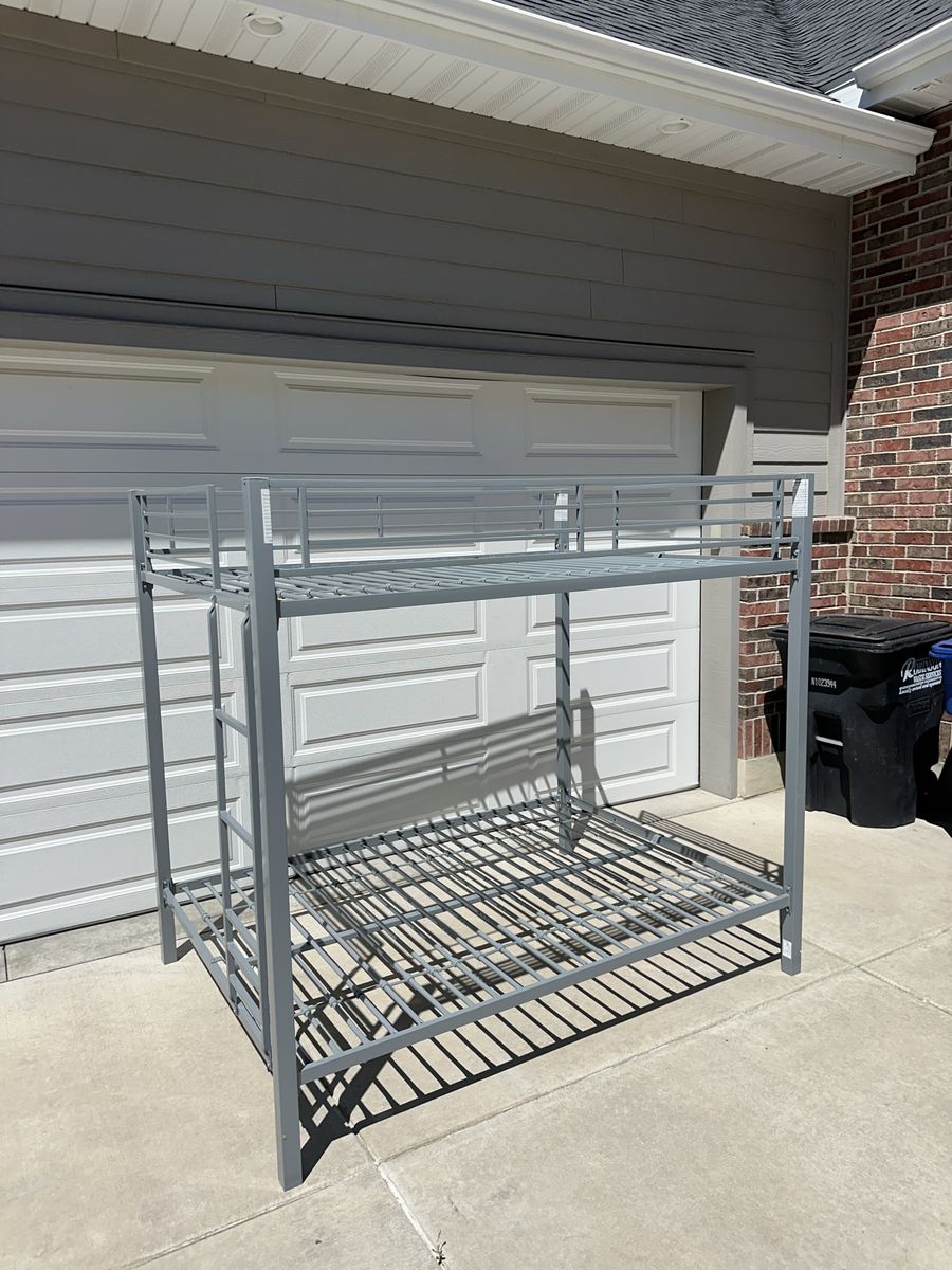 Gray Metal Bunk Bed Frame with Ladder