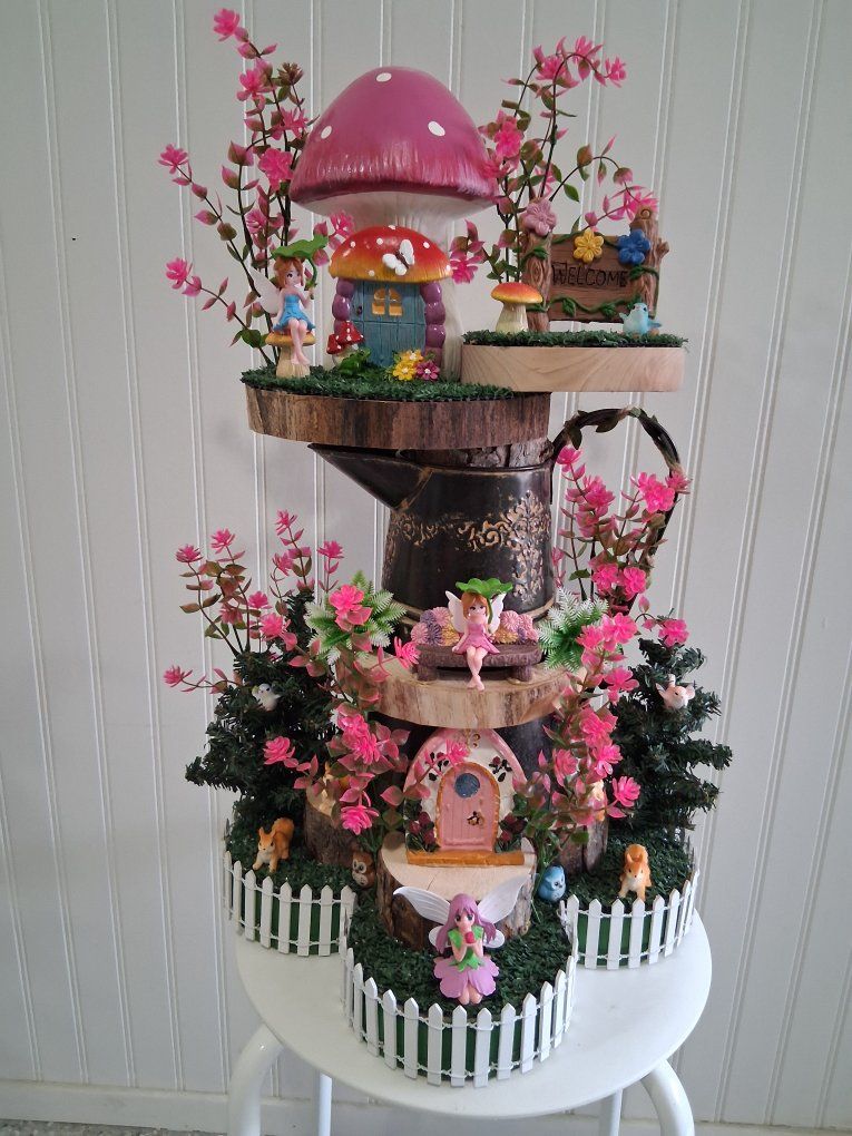 Handcrafted Multi-Tiered Fairy Garden Coffee Pot Sculpture with Mushrooms & Figures