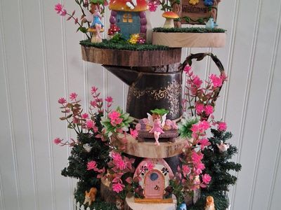 Handcrafted Multi-Tiered Fairy Garden Coffee Pot Sculpture with Mushrooms & Figures