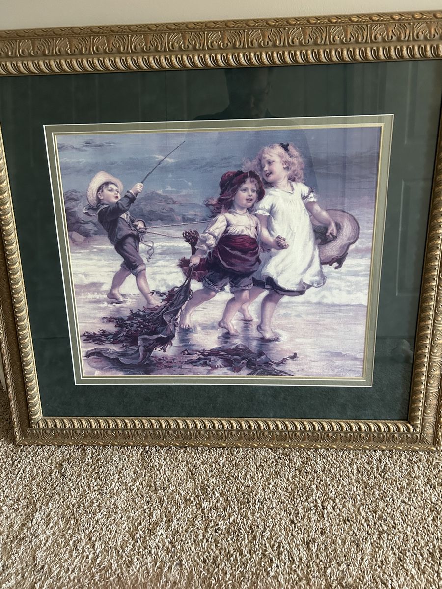 Vintage Framed Children at the Seashore Print Gold Ornate Frame Wall Art Decor