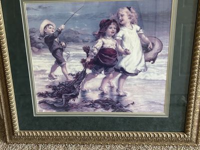 Vintage Framed Children at the Seashore Print Gold Ornate Frame Wall Art Decor