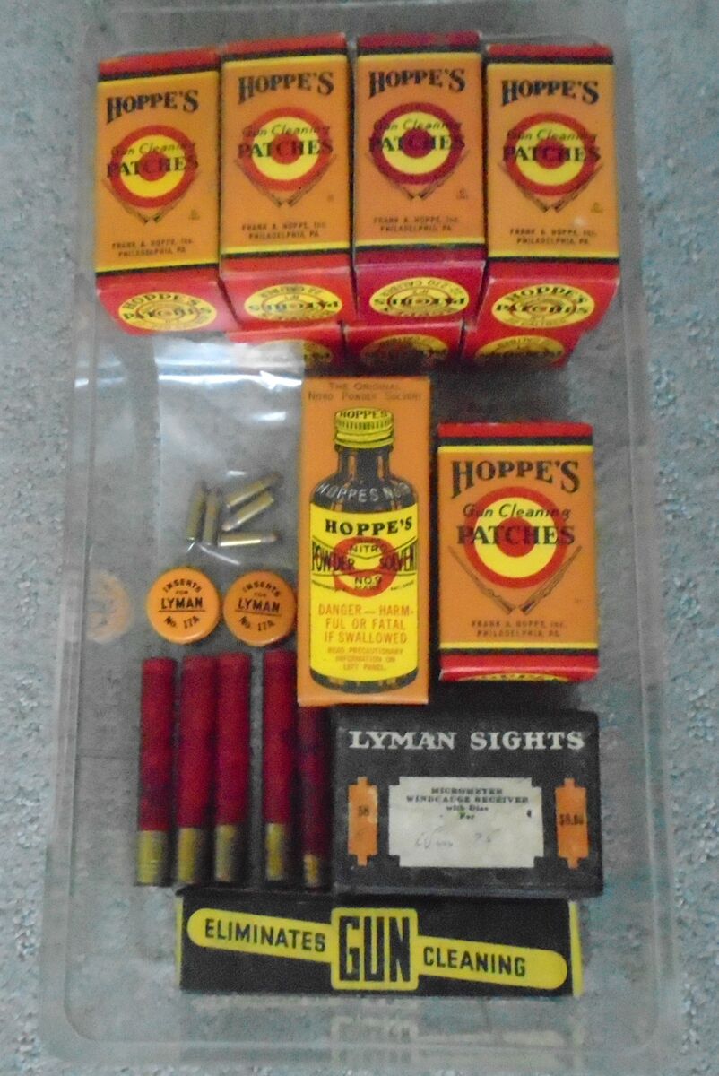 Box of Vintage Gun Cleaning Supplies with NEW boxes of Cloth Gun Patches