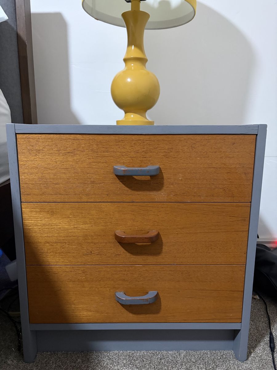 Vintage 3-Drawer Wood Nightstand with Gray Painted Frame