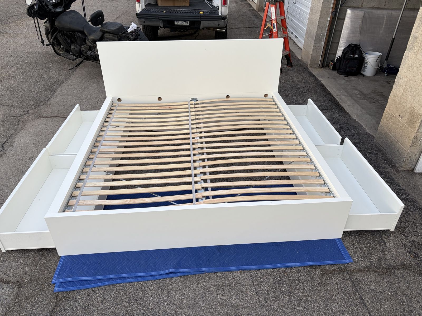 MALM High bed frame/4 storage boxes, white/Luröy, King in excellent shape for sale 