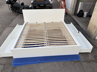 MALM High bed frame/4 storage boxes, white/Luröy, King in excellent shape for sale
