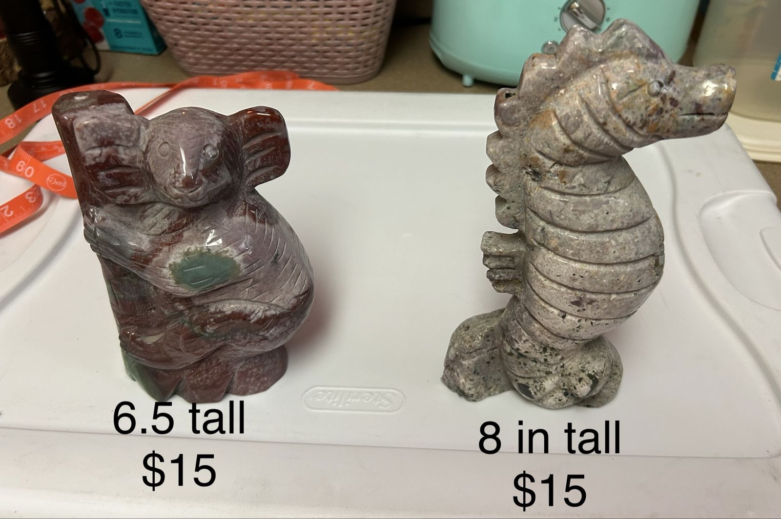 Assorted Gemstone Carvings & Crystals - Seahorse, Koala, Frogs, Trees, Amethyst - Blue Light Active
