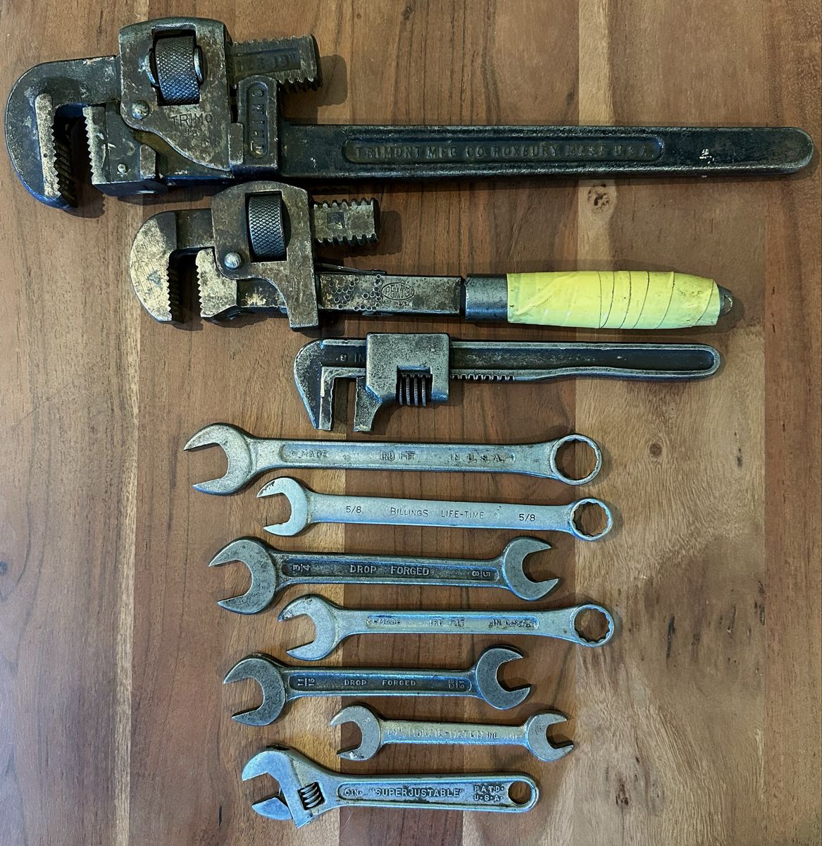 Vintage Tool Lot Trimo 18” Pipe Wrench, Pexto Pipe Wrench, Adjustable Wrenches & Open-End Wrenches
